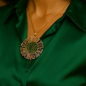 Mid Century Modern Gold Sunburst Pendant w/ Green Aventurine – 1960s Statement